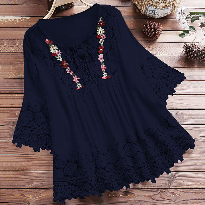 Lace-trimmed linen V-neck top