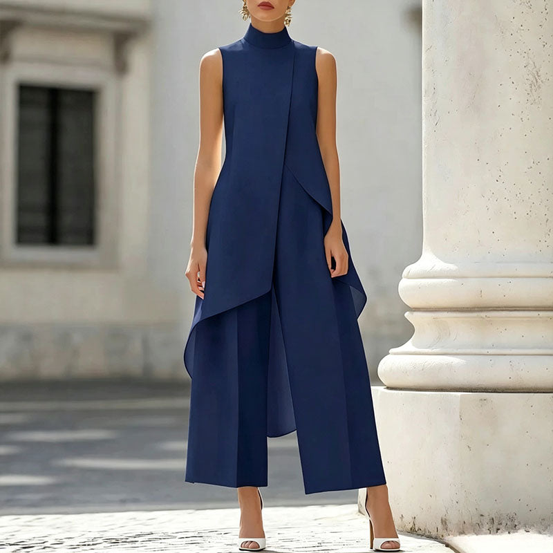 Sleeveless high-neck top and wide-leg trousers set