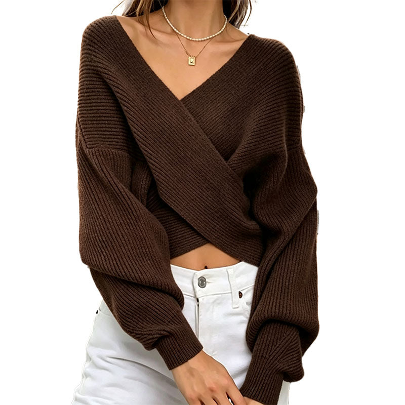 Patchwork V-neck loose long-sleeved knit sweater