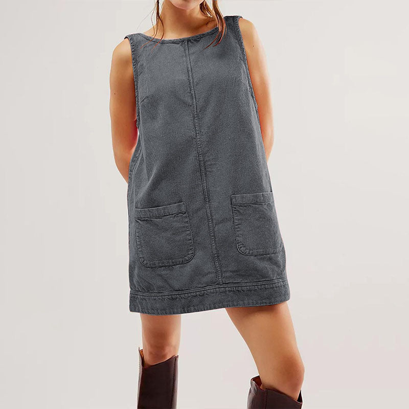 Corduroy Sleeveless Pocket Dress