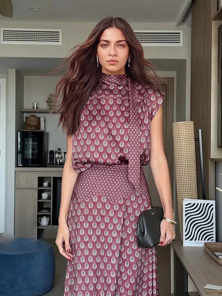 Retro Print Scarf Neck Top &amp;amp; Flowing Maxi Skirt Two-Piece Set