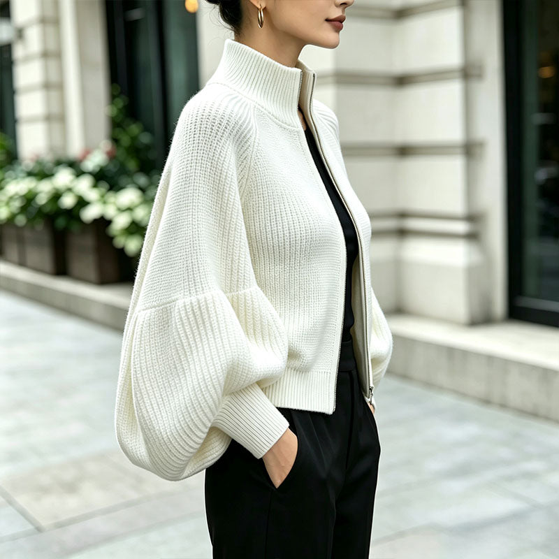 Cropped Zip-Up Knit Cardigan