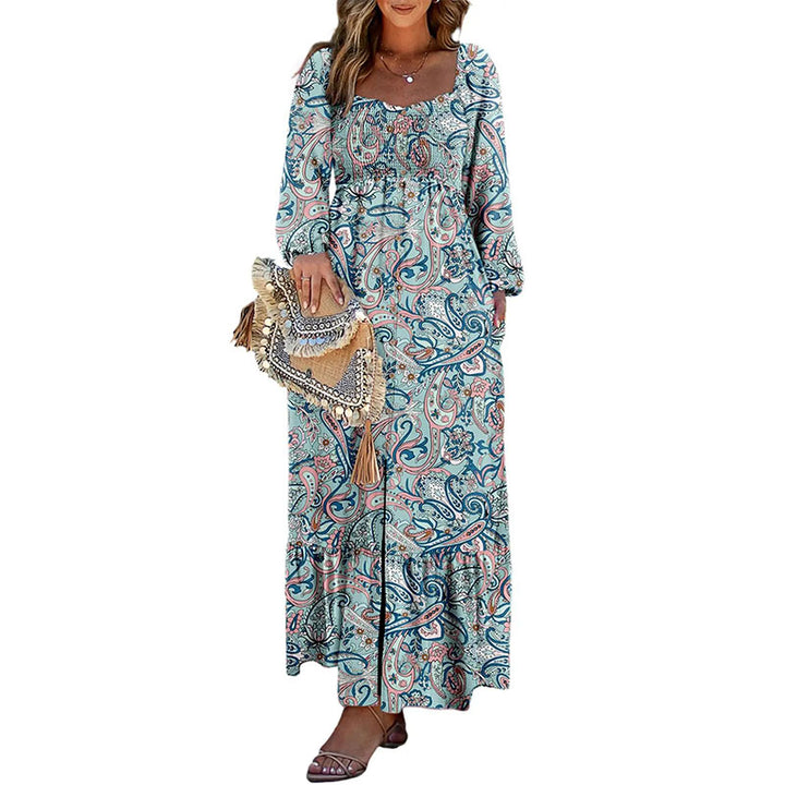 Floral Square Neck Long Sleeve Dress