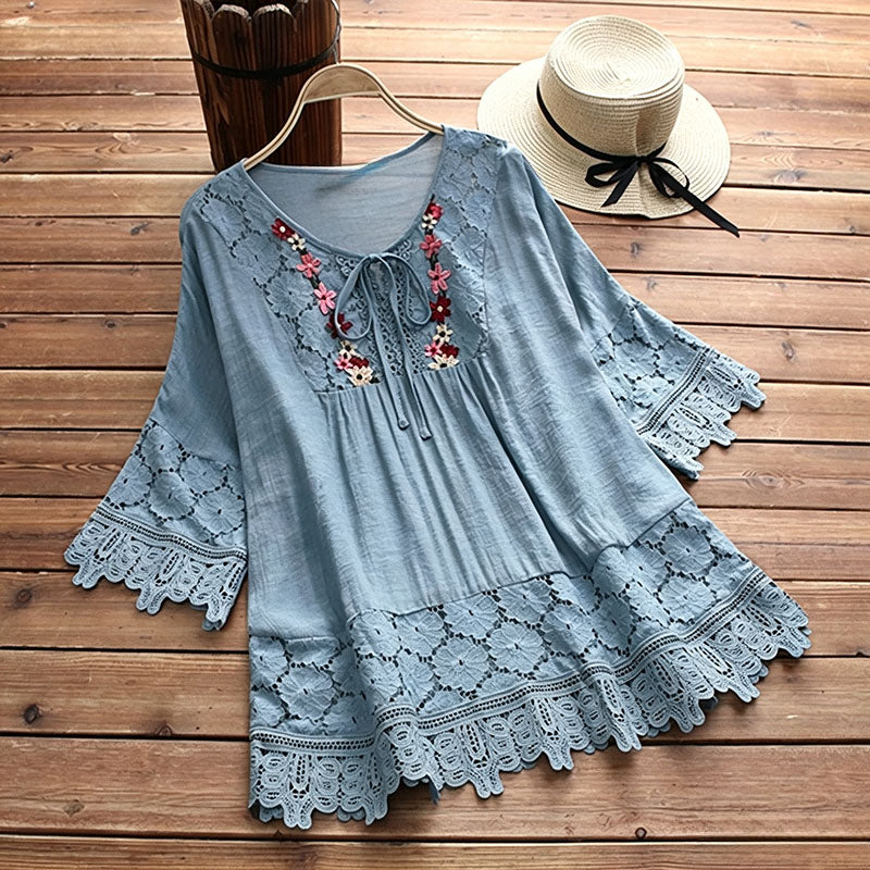 Lace-trimmed linen V-neck top