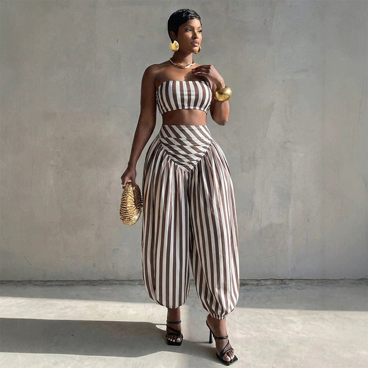 Striped strapless top and harem pants set