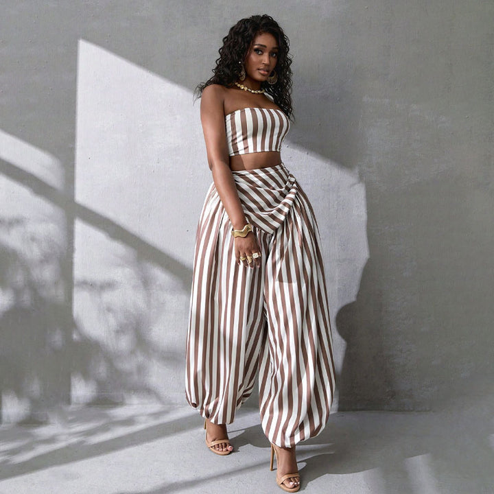 Striped strapless top and harem pants set
