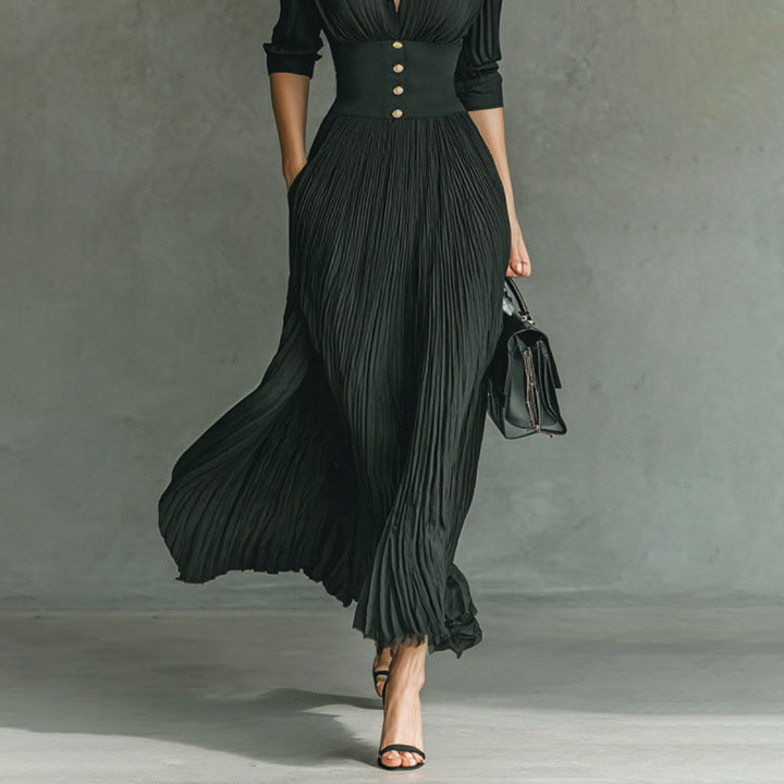 A-line pleated long-sleeve dress
