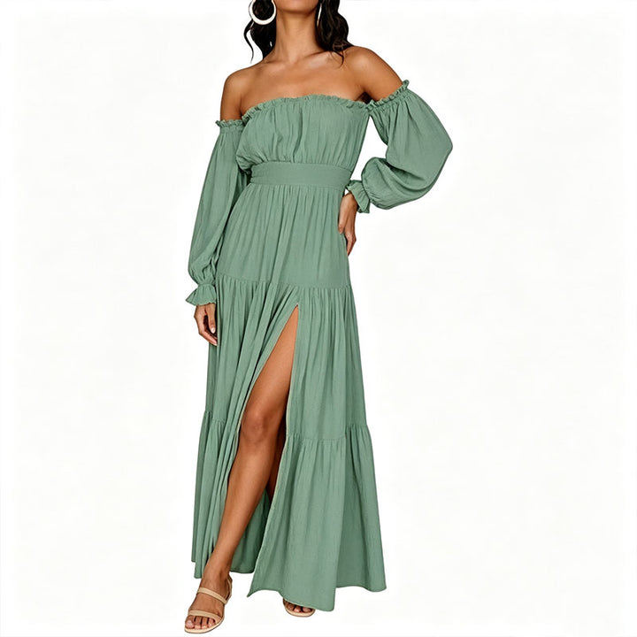Off-shoulder long-sleeve A-line maxi skirt with a side slit