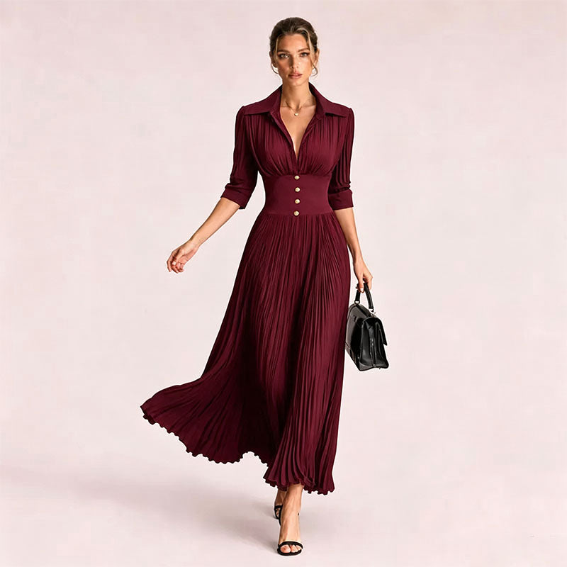 A-line pleated long-sleeve dress