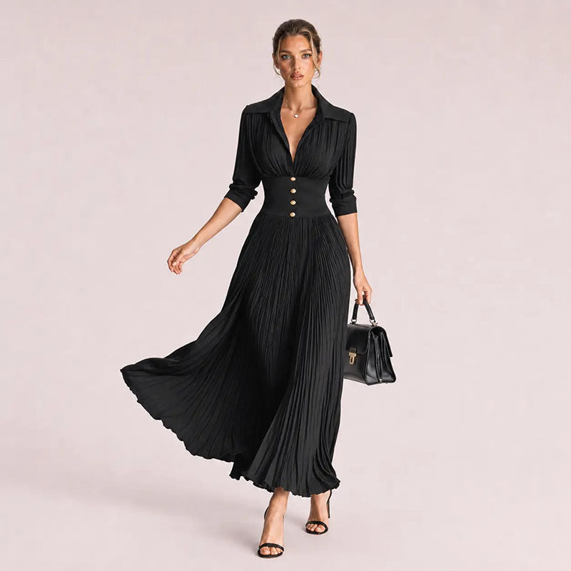 A-line pleated long-sleeve dress