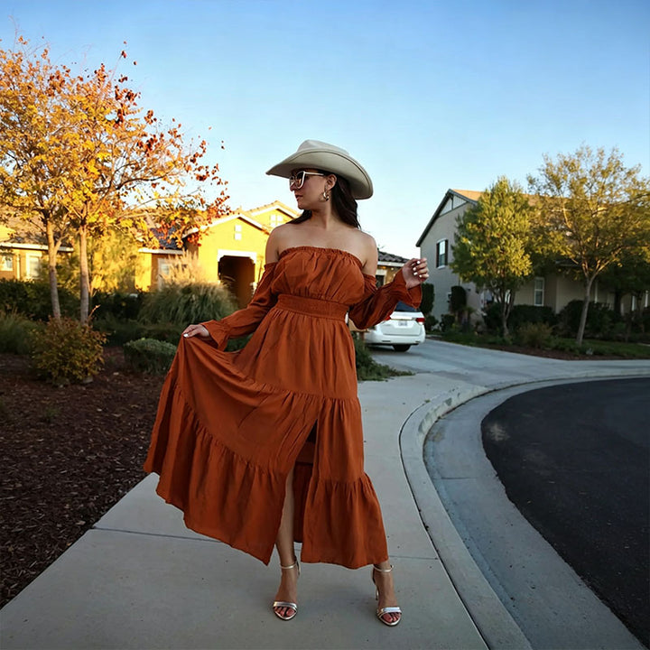 Off-shoulder long-sleeve A-line maxi skirt with a side slit