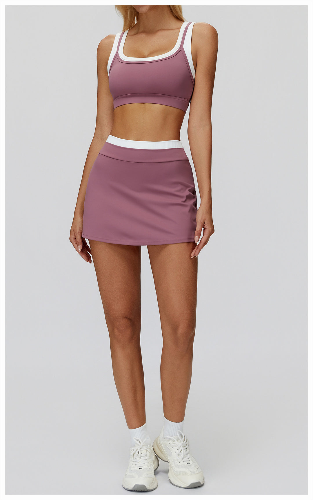 Mauve Contrast Trim Active 2-Piece Set: Cropped Tank &amp;amp; Tennis Skirt
