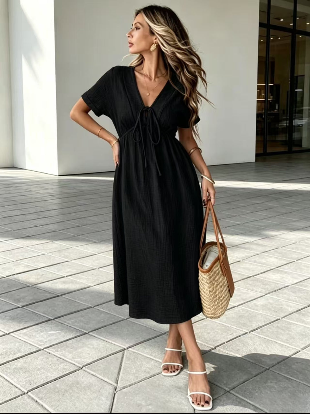 Crinkle Gauze V-Neck Midi Dress with Tie Detail, Short Sleeve Flowy Dress for Women