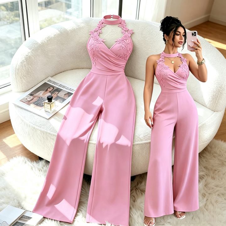 Halter Floral Lace Applique Wide Leg Jumpsuit