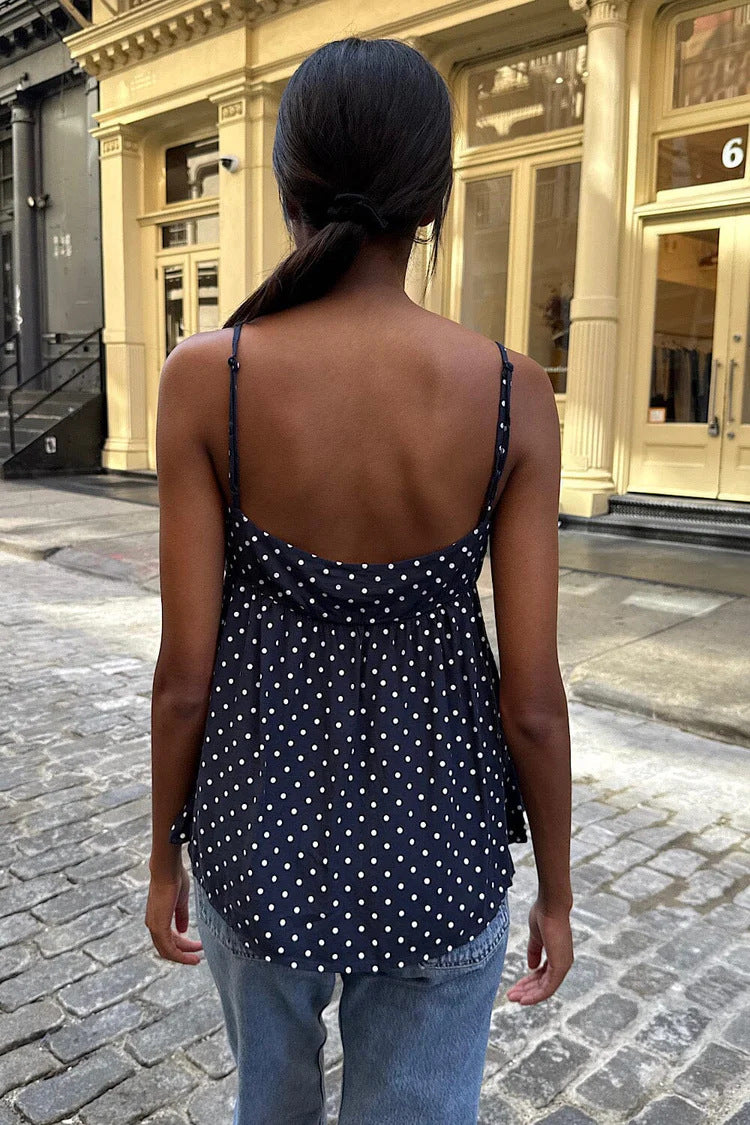 Polka Dot Deep V Babydoll Cami Top | Cream &amp;amp; Black Y2K Sweetheart Peplum Blouse