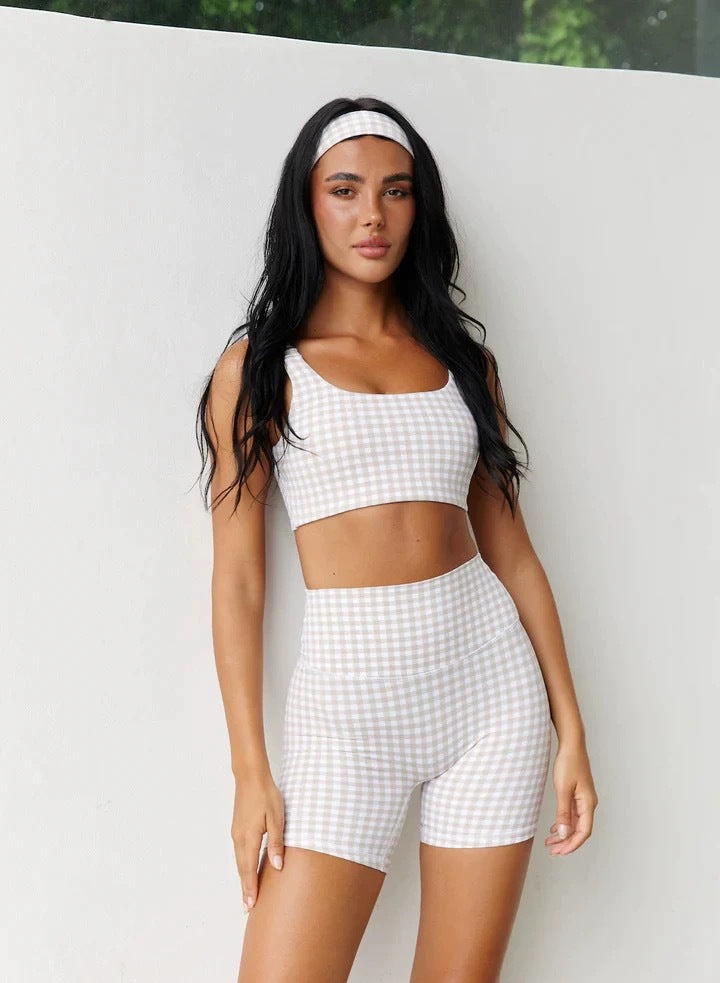Gingham Print Active 2-Piece Set: Cropped Tank &amp; High-Waisted Biker Shorts