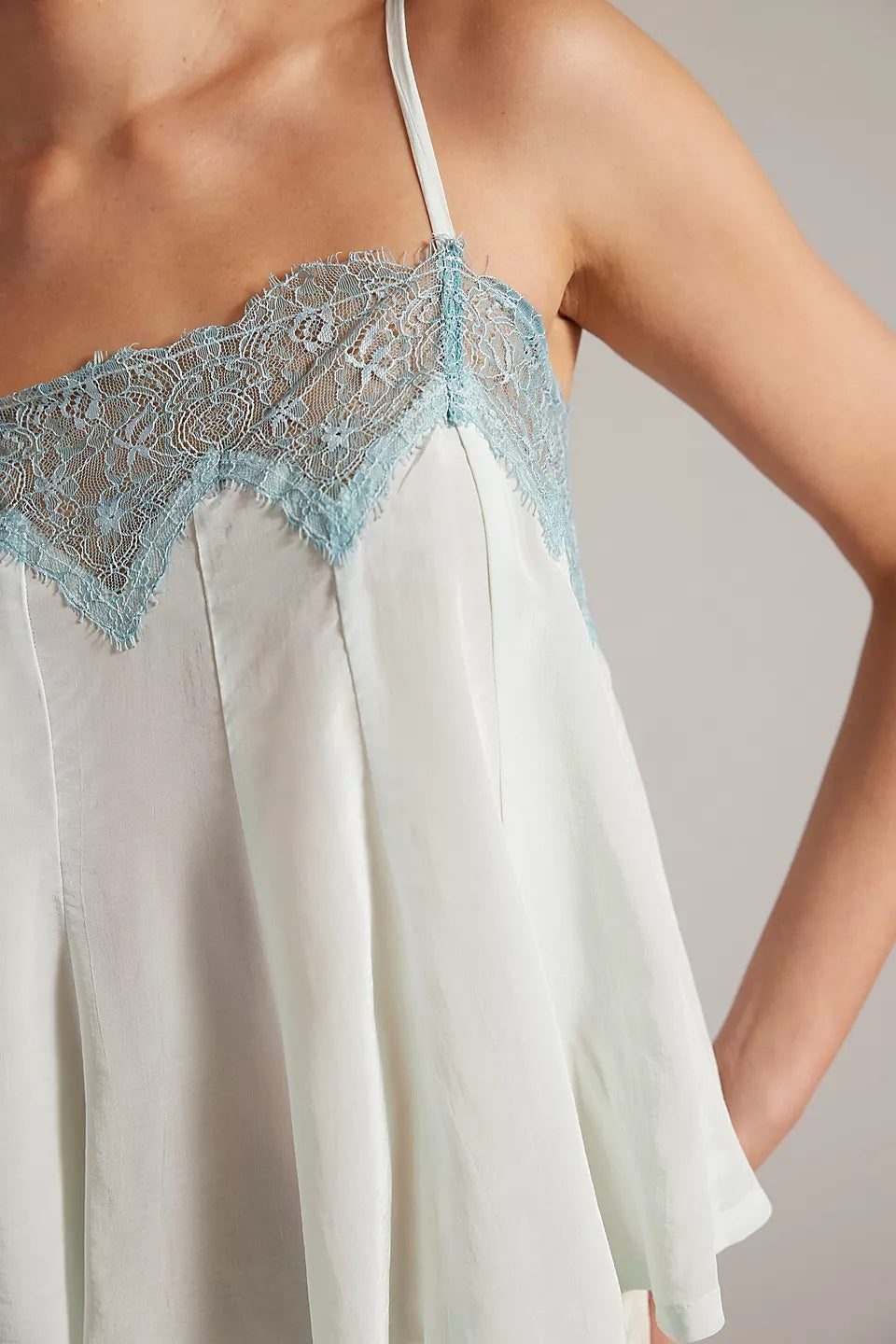Mint Green Lace Trim Satin Cami Top | Adjustable Square Neck Blouse
