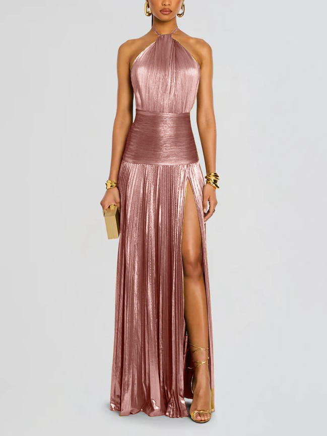 Metallic Olive Green Halter Neck Pleated Gown with High Slit