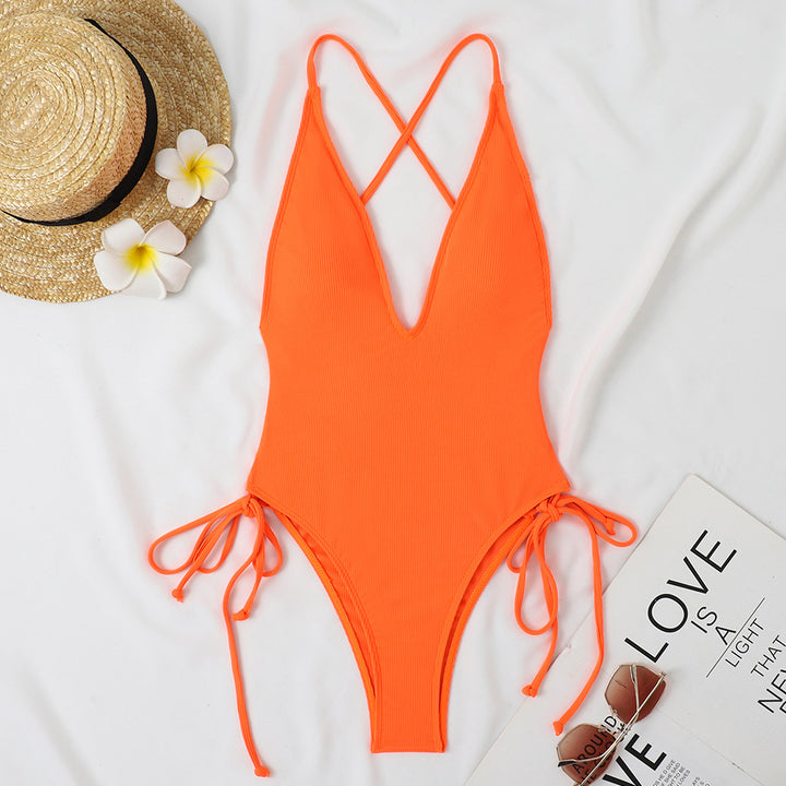 Control Sexy Deep V One Piece Swimsuit Women with Tie Sides