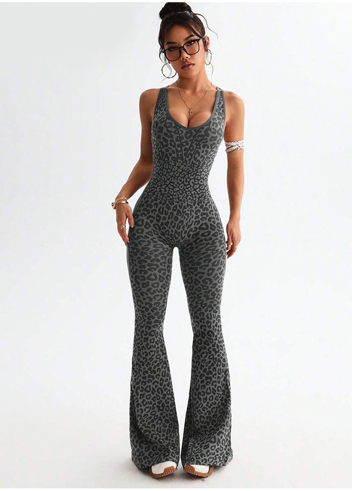 Leopard Print Seamless Flare Jumpsuit