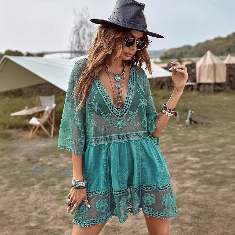 V-neck lace embroidered cover-up