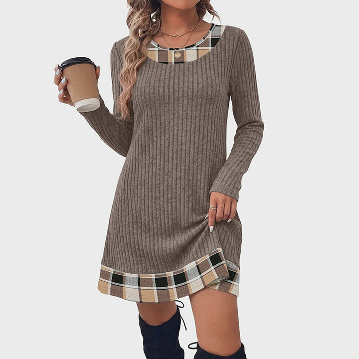 Plaid patchwork ribbed long-sleeved dress