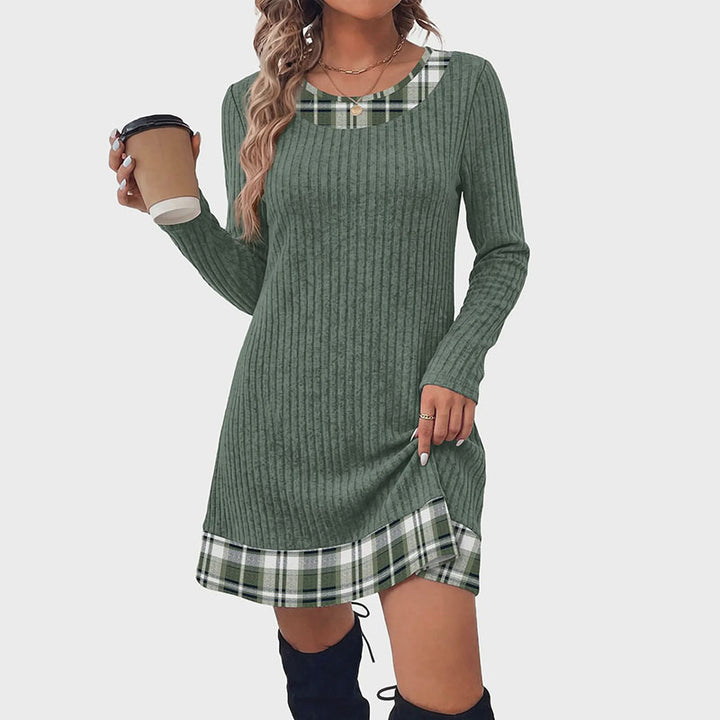 Plaid patchwork ribbed long-sleeved dress