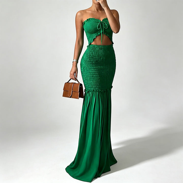 Strapless multi-colored printed pleated maxi dress