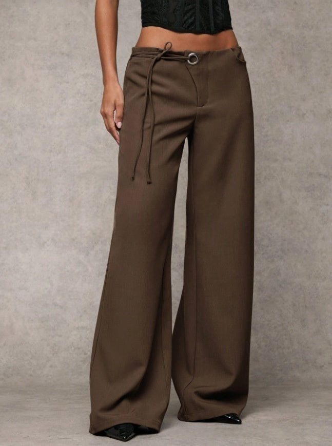 Low-Rise Tie Waist Wide Leg Trousers | Tailored Flare Pants with Metal Ring Detail for Women