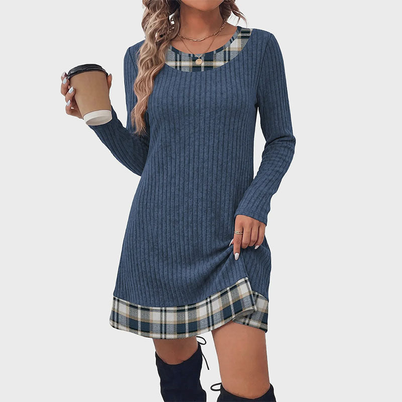Plaid patchwork ribbed long-sleeved dress