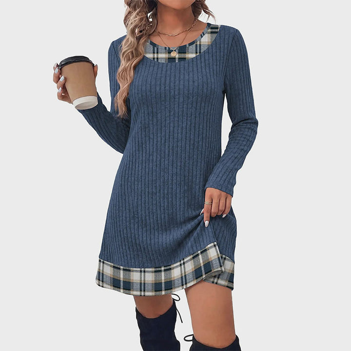 Plaid patchwork ribbed long-sleeved dress