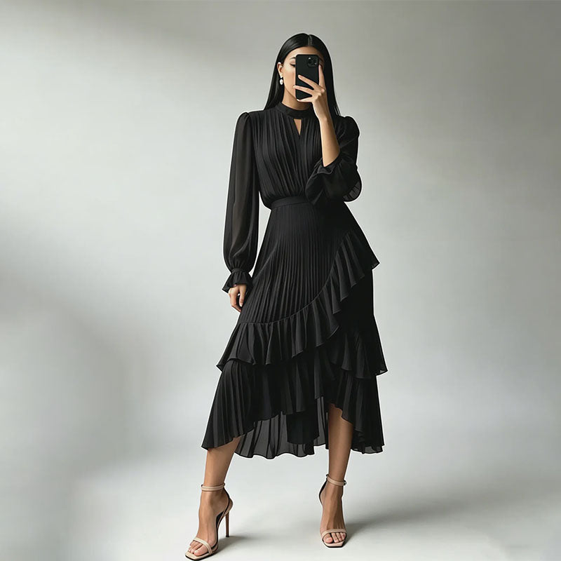Long-sleeved irregular layered dress