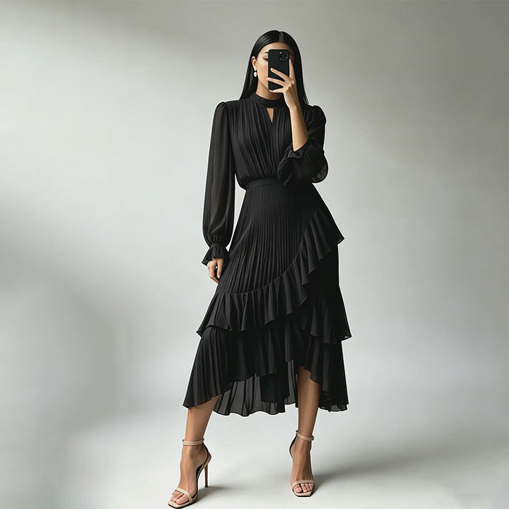 Long-sleeved irregular layered dress