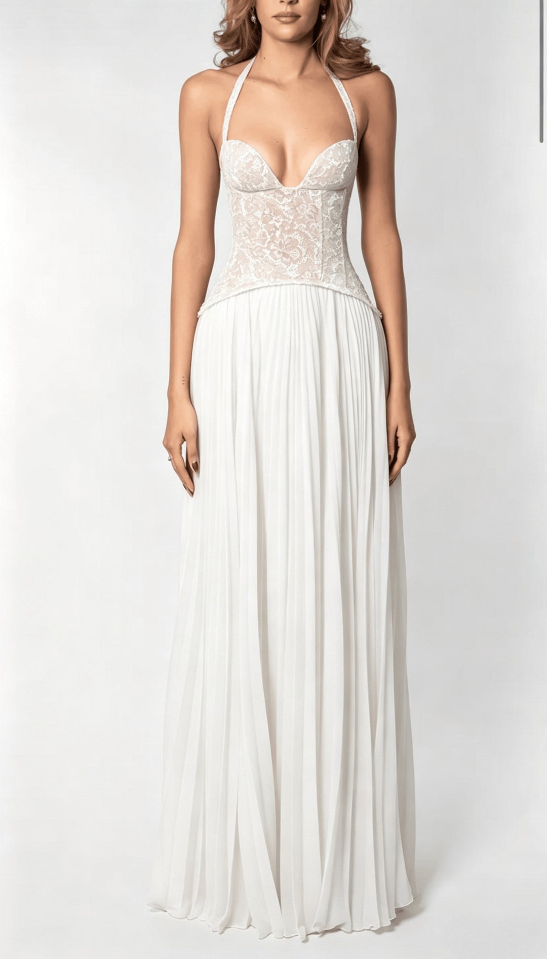 Olive Green Lace Halter Pleated Maxi Dress