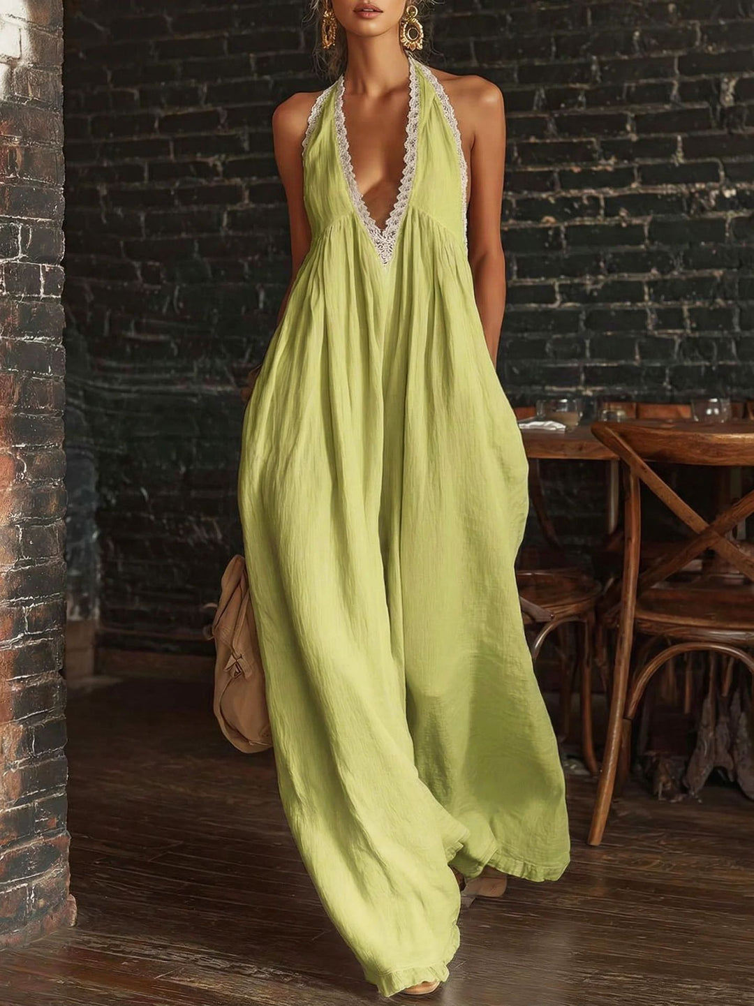White Lace Trim Halter Deep V Wide Leg Linen Blend Jumpsuit with Side Pockets
