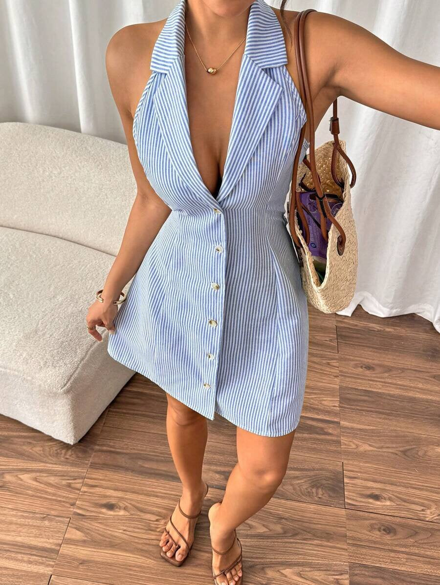 Blue &amp;amp; White Pinstripe Halter Blazer Mini Dress