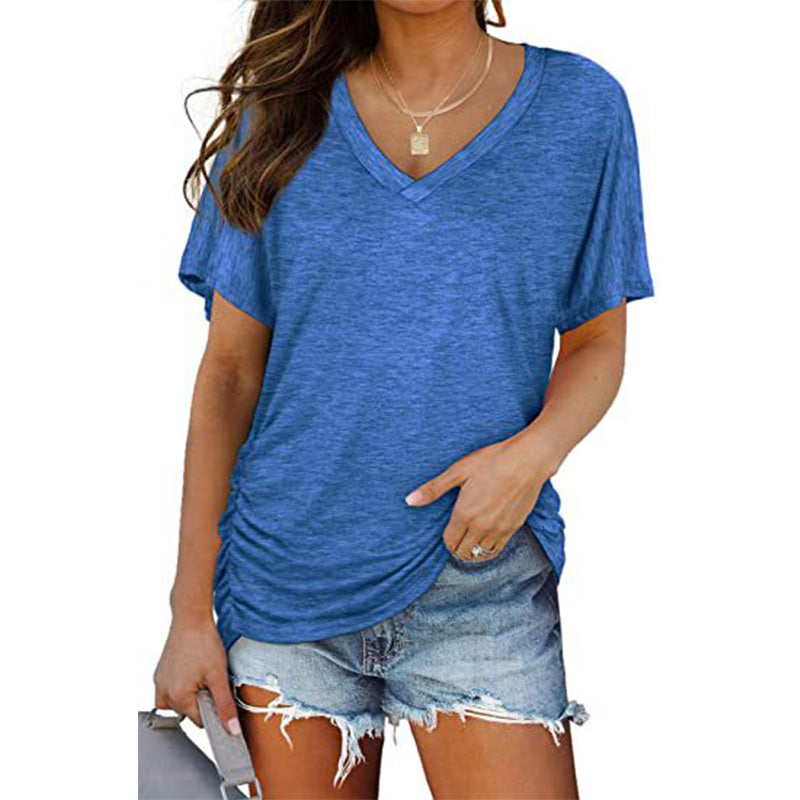 V-neck solid color batwing sleeve ruched short sleeve