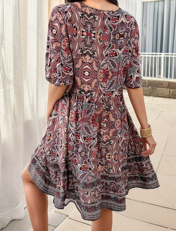 Boho Paisley Print V-Neck Ruffle Hem Mini Dress