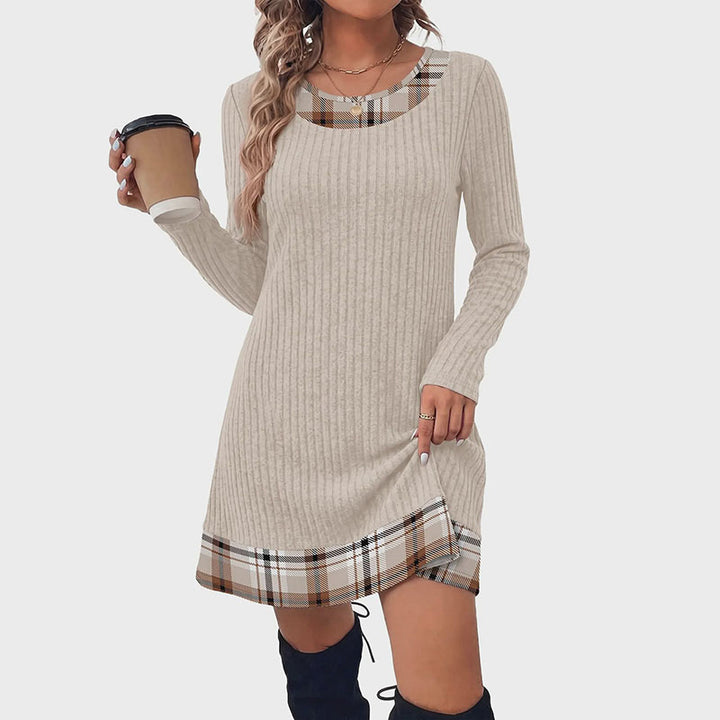 Plaid patchwork ribbed long-sleeved dress