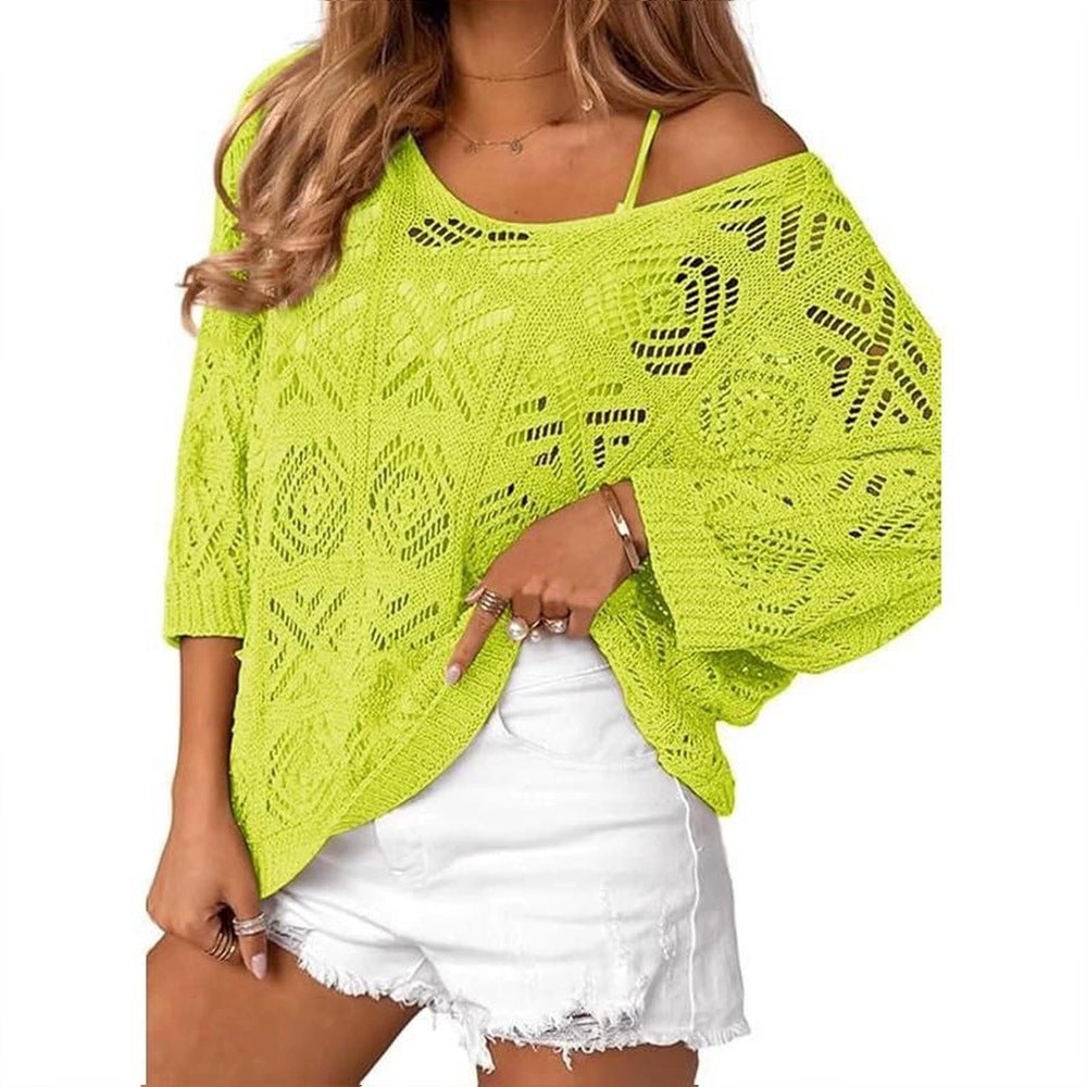 Openwork three-quarter sleeve knitted cover-up