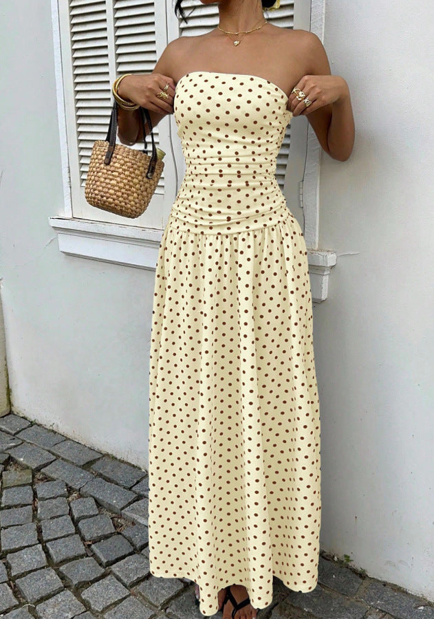 White Polka Dot Strapless Ruched Maxi Dress