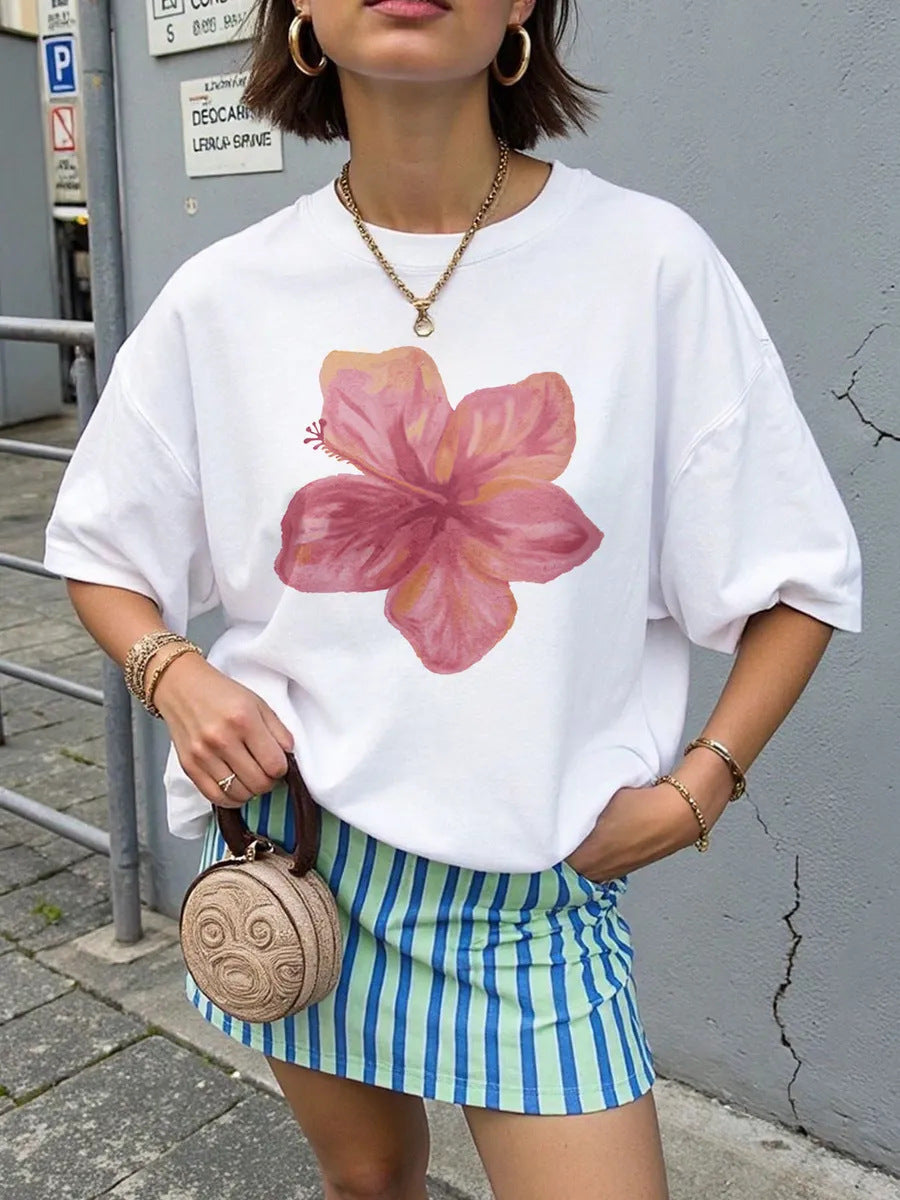 Hibiscus Oversized Cotton Tee for Women | Summer Casual T-Shirt