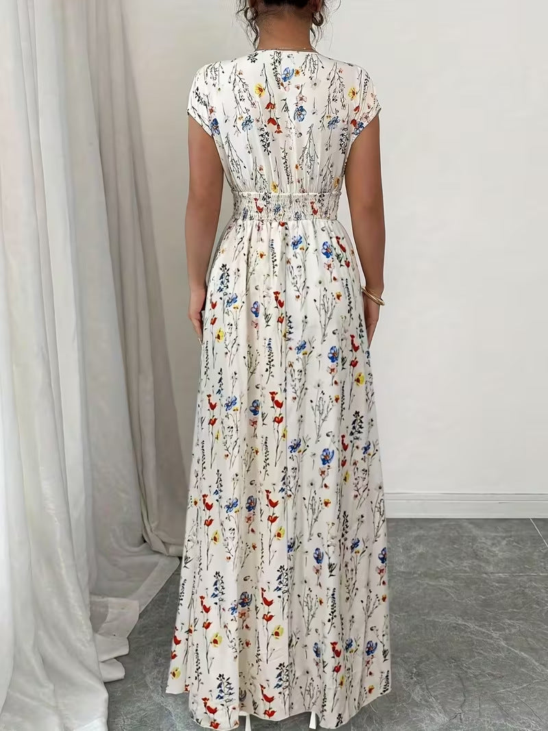 Floral Print Smocked Waist Maxi Dress