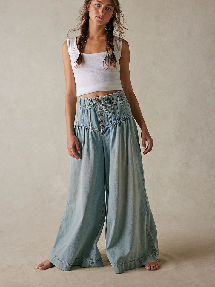 High-Waisted Denim Wide Leg Pants with Corset Waist