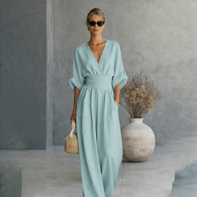 V-neck waist-cinching jumpsuit