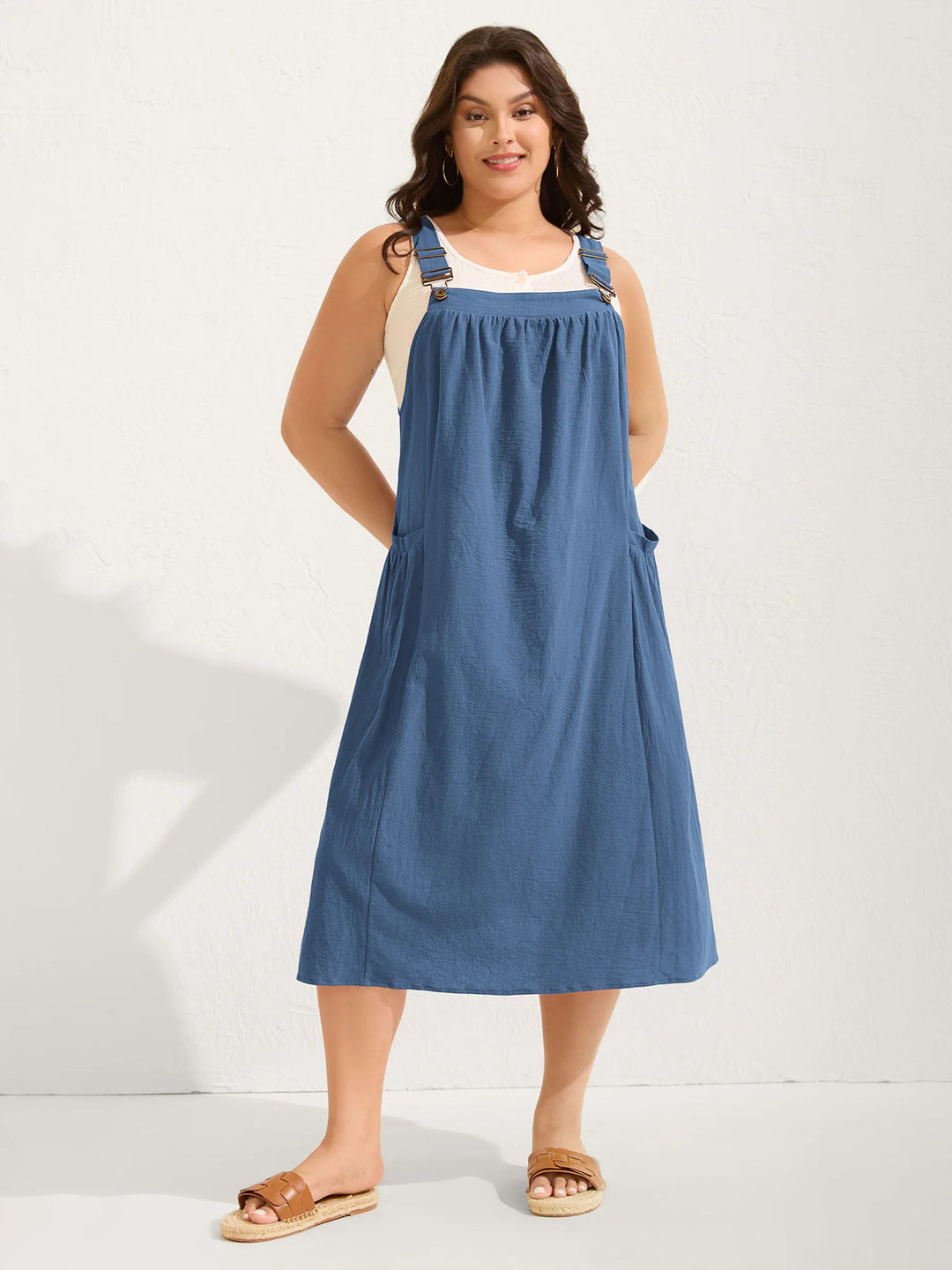 Plus Size  Adjustable Strap Pinafore Midi Dress with Pockets