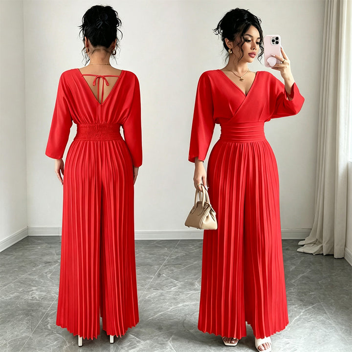 Solid color V-neck fitted waist pleated jumpsuit