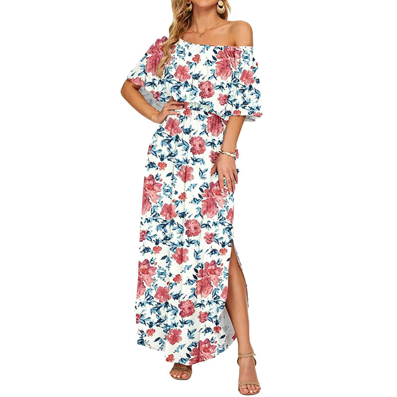 Printed off-shoulder short-sleeved long dress
