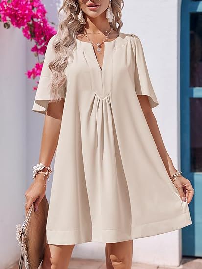 Loose-Fit Tunic Dress, V-Neck with Pleats &amp;amp; Flowy Half Sleeves