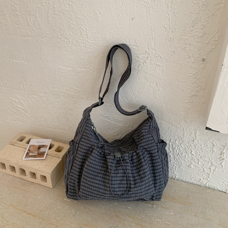 Drawstring Checkered Hobo Shoulder Bag